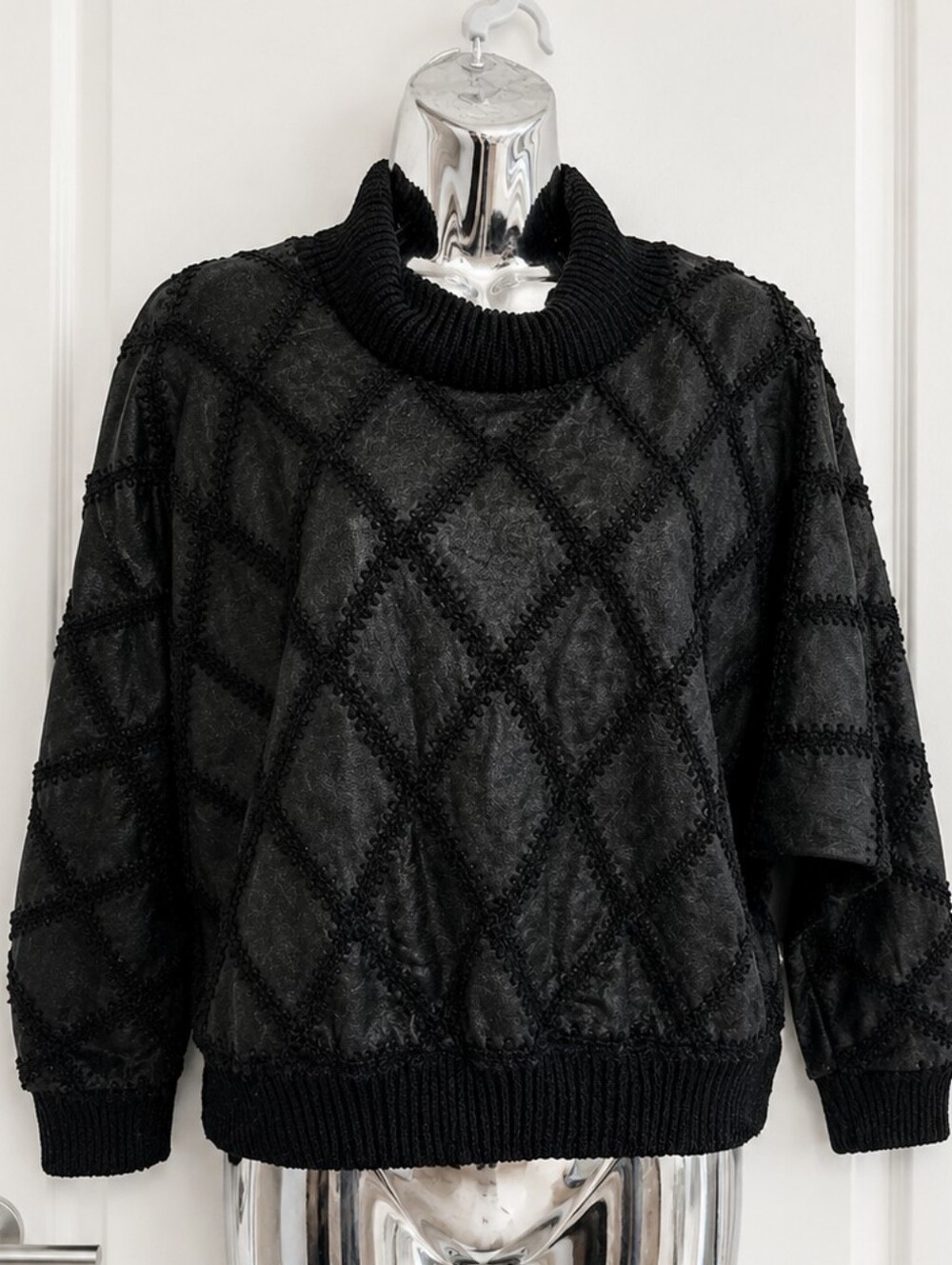 Vintage Black Leather Batwing Sweater | Handmade Artisan Dolman Top M - Picture 5 of 11